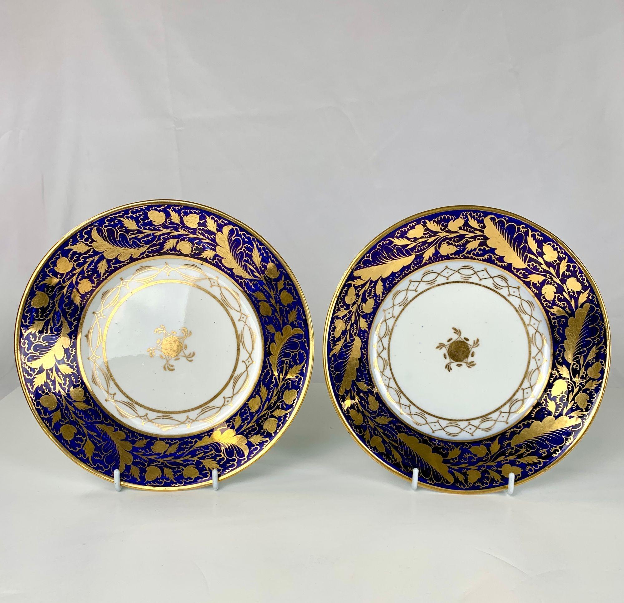 English Pair 18th Century Blue and White Gilded New Hall Dishes England Circa 1790 For Sale