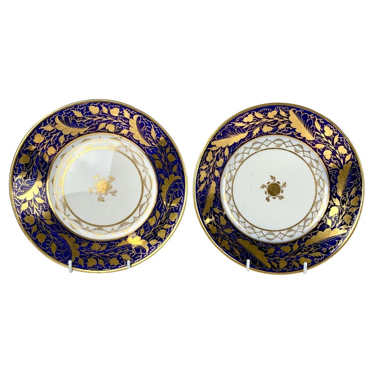 Pair 18th Century Blue and White Gilded New Hall Dishes England Circa 1790 For Sale