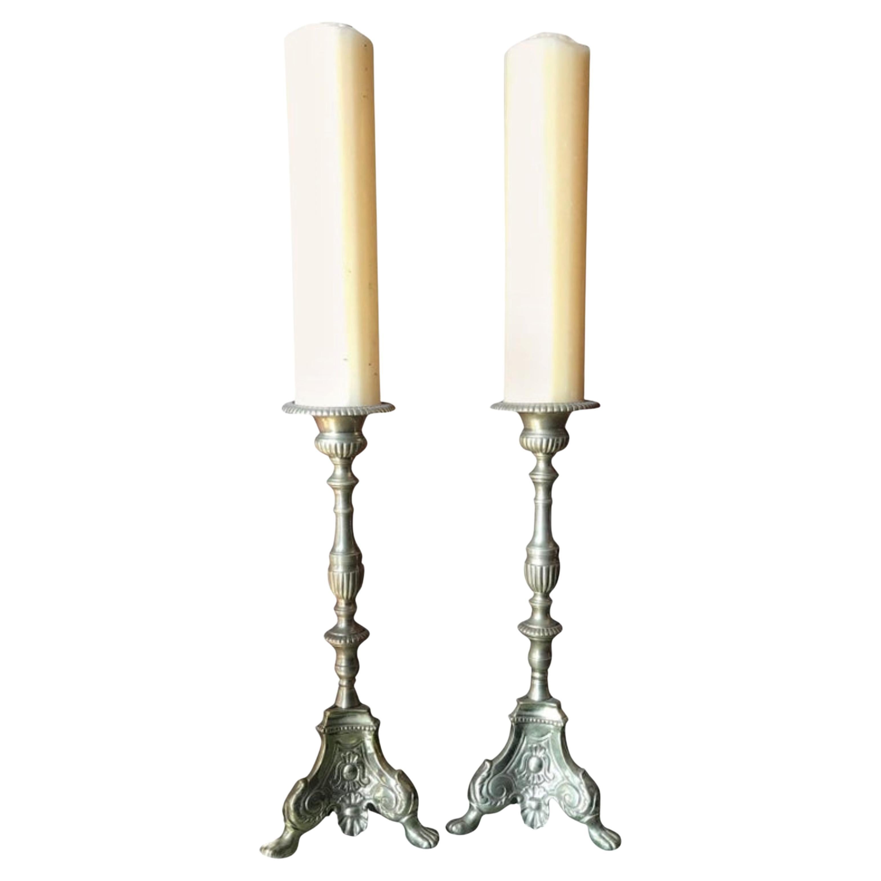 Pair 18th Century Candlesticks Candleholder Light in Brass Antique Gift Object