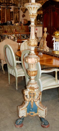 Pair 18th Century Carved, Painted and Gilded Torchère