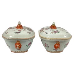 Pair 18th Century Chinese Export Famille Rose Tureens with Lids