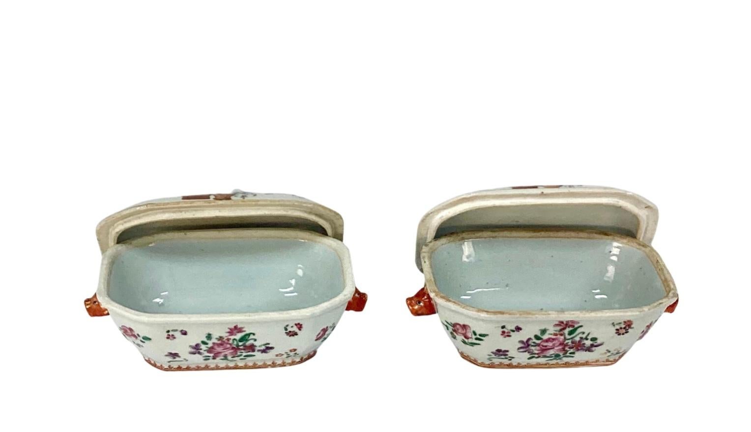 Pair 18th Century Chinese Export Famille Rose Tureens with Lids For Sale 2
