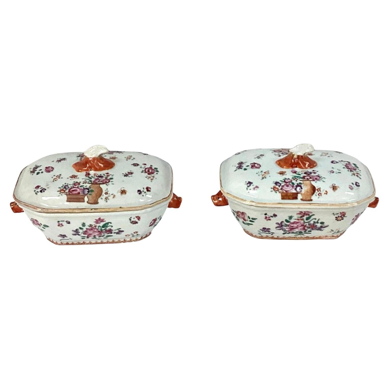 Pair 18th Century Chinese Export Famille Rose Tureens with Lids For Sale