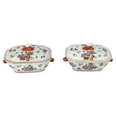 Pair 18th Century Chinese Export Famille Rose Tureens with Lids
