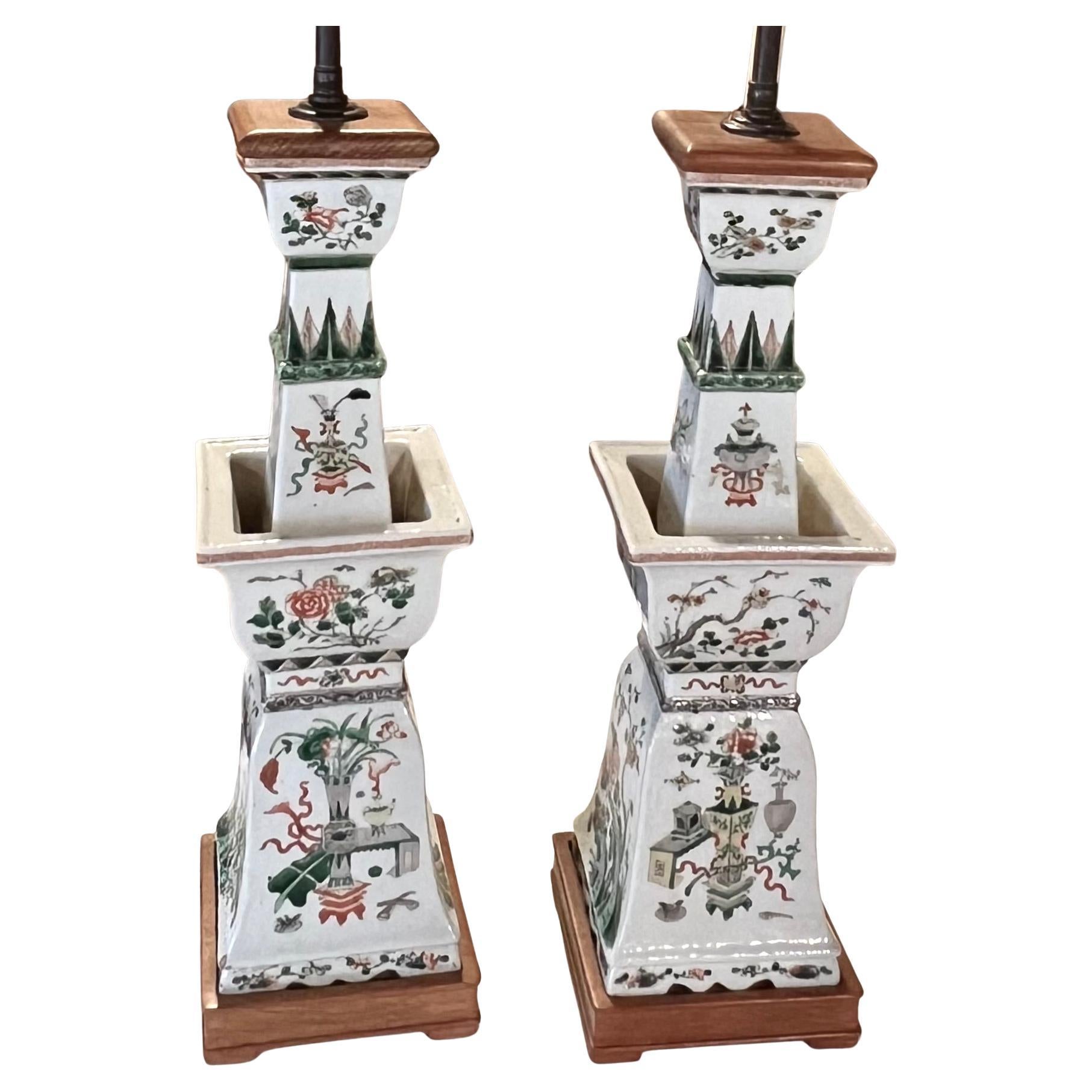 Pair 18th Century Chinese Export 'The Hundred Antiques' Decoration Candlesticks