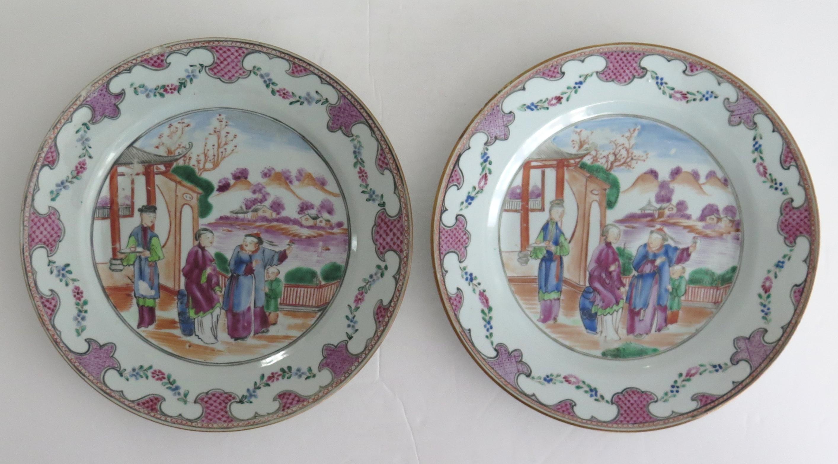These are a very good pair of Chinese Plates from the 18th century, Qing dynasty, Qianlong period, 1736-1795.

Each plate is beautifully decorated with four figures, in a pagoda setting, having two ladies (long eliza's) a man and child, all on a