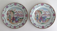 Pair 18th Century Chinese Porcelain Plates Famille Rose Long Eliza, Qing Qianlong