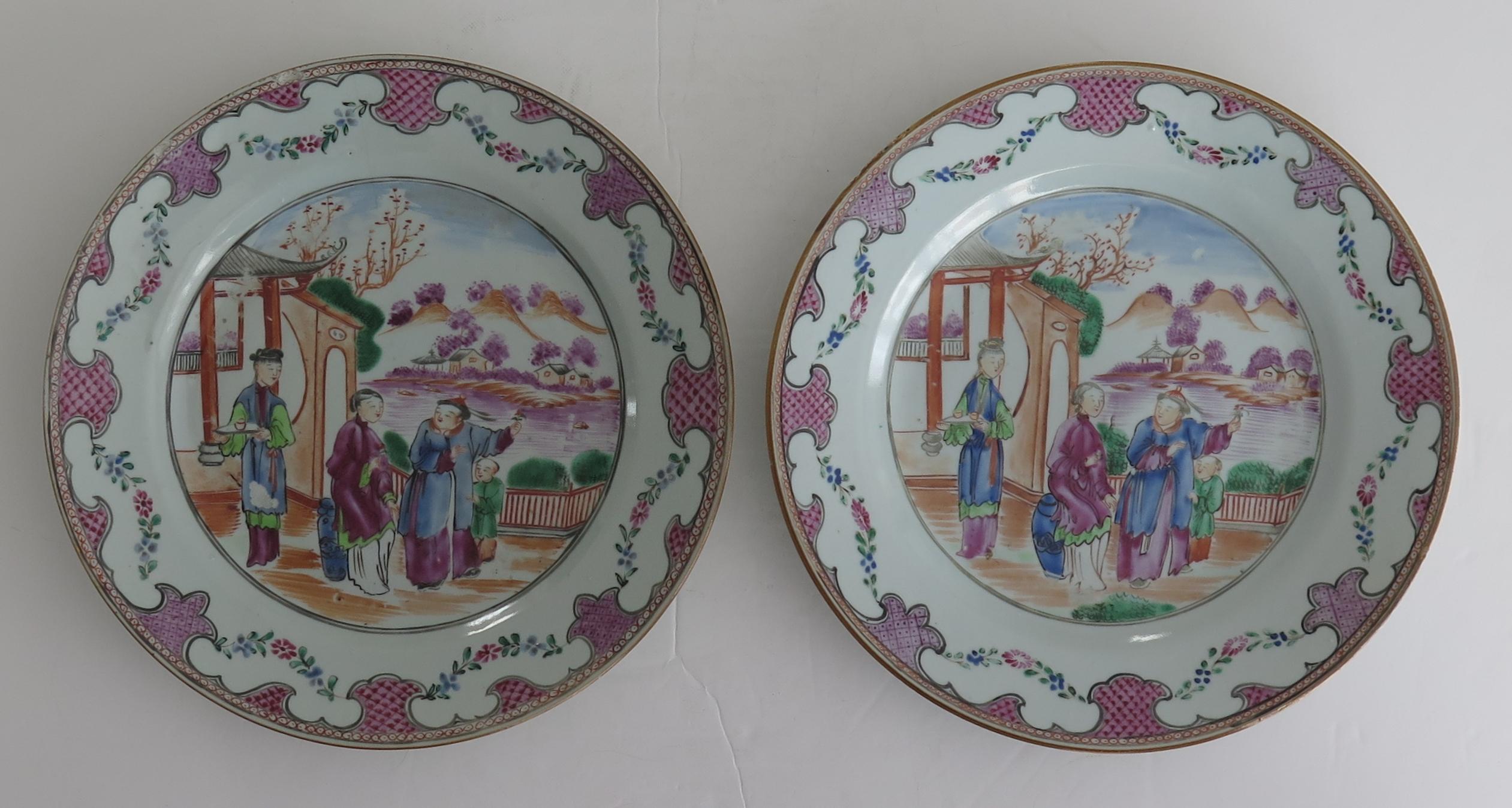 Chinoiserie Pair 18th Century Chinese Porcelain Plates Famille Rose Long Eliza, Qing Qianlong
