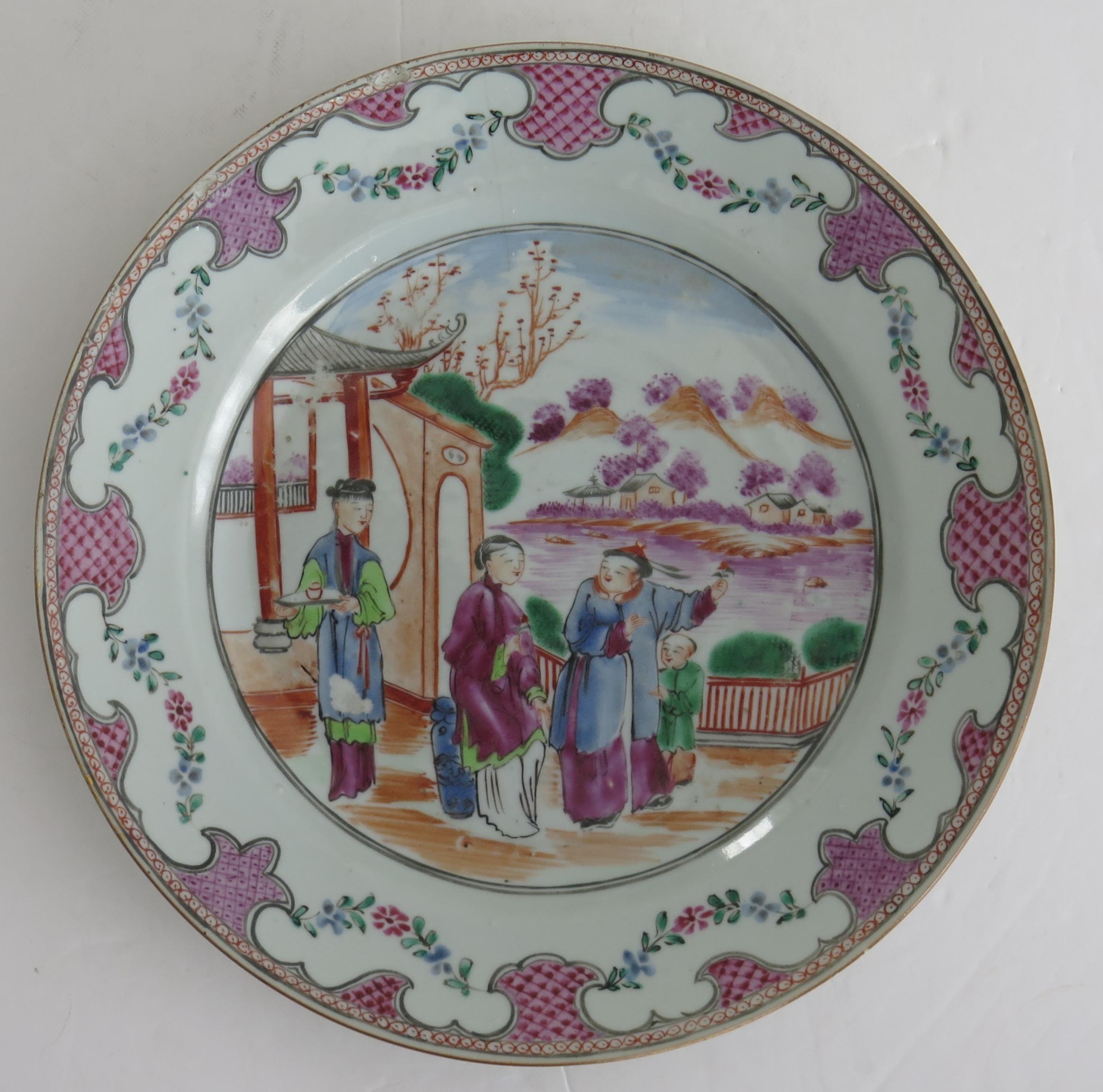Hand-Painted Pair 18th Century Chinese Porcelain Plates Famille Rose Long Eliza, Qing Qianlong