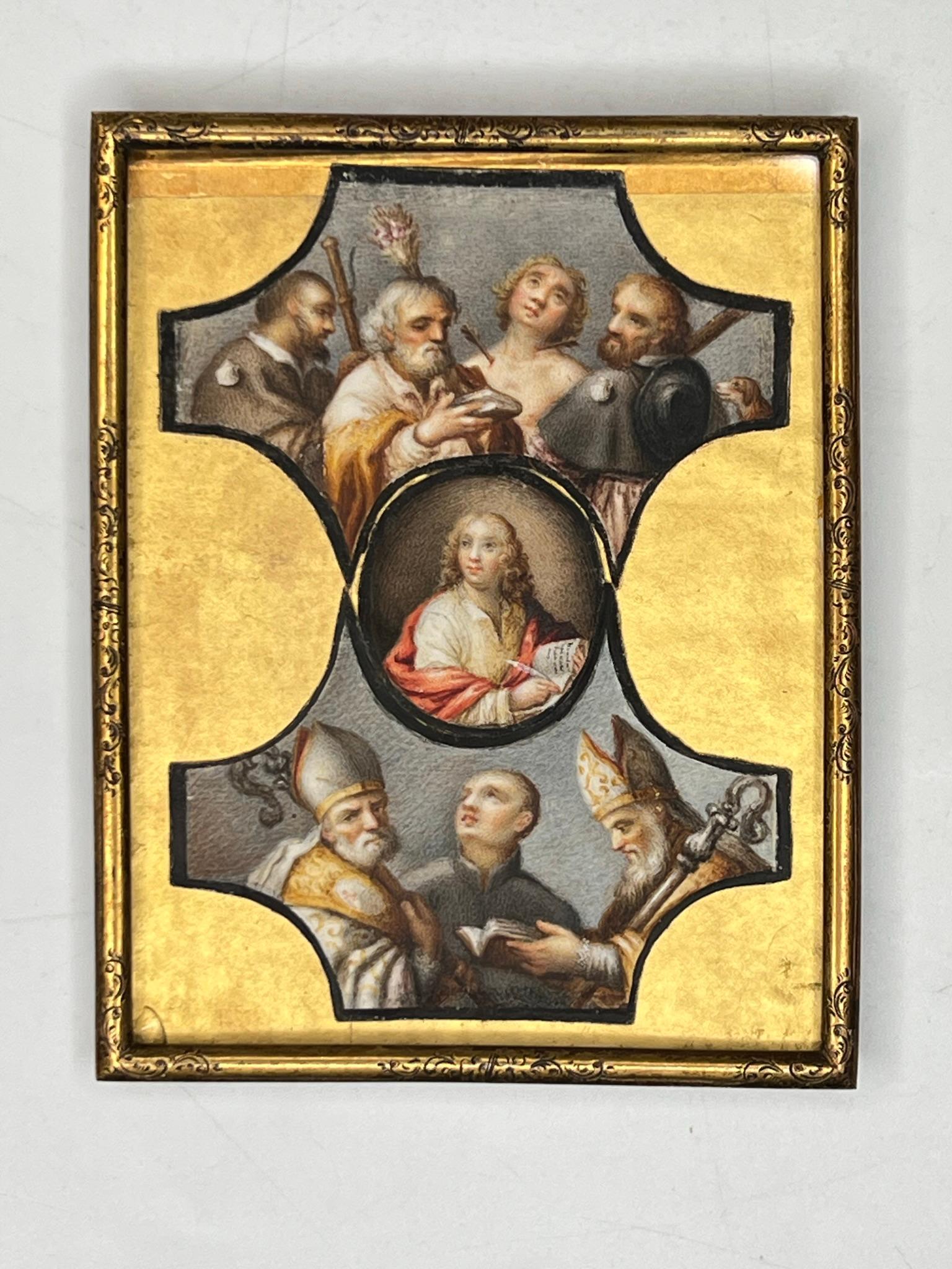 Paar außergewöhnliche Ikonen aus dem 18. Jahrhundert, handbemalt auf Knochen, die verschiedene Heilige darstellen, montiert in vergoldeten Metallrahmen.  Offensichtlich unsigniert.  Alle in gutem Zustand.  Gemälde auf späterem Karton montiert.  