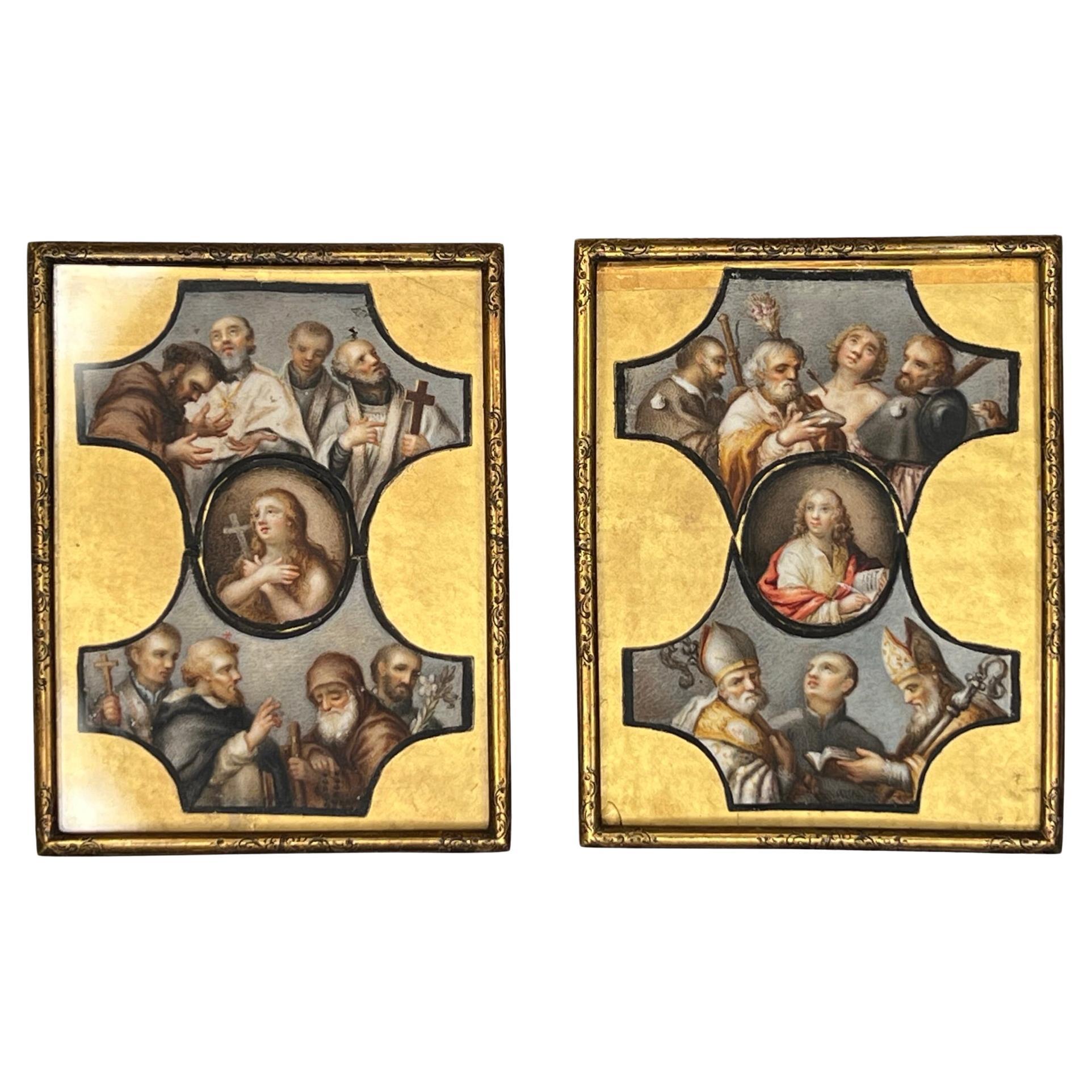 Pair 18th Century Christian Icon Miniature Watercolor Paintings For Sale