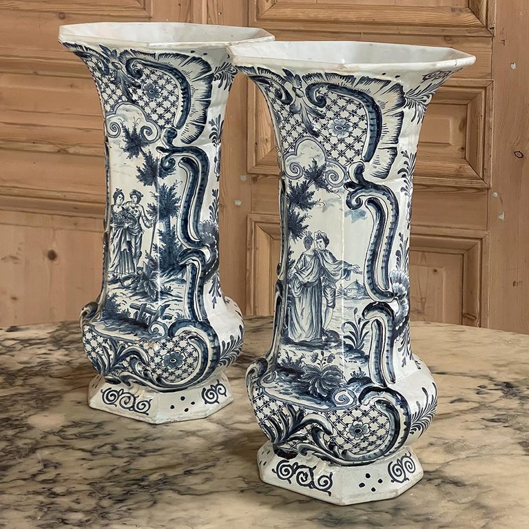 Dutch Pair 18th Century Delft Blue & White Vases For Sale
