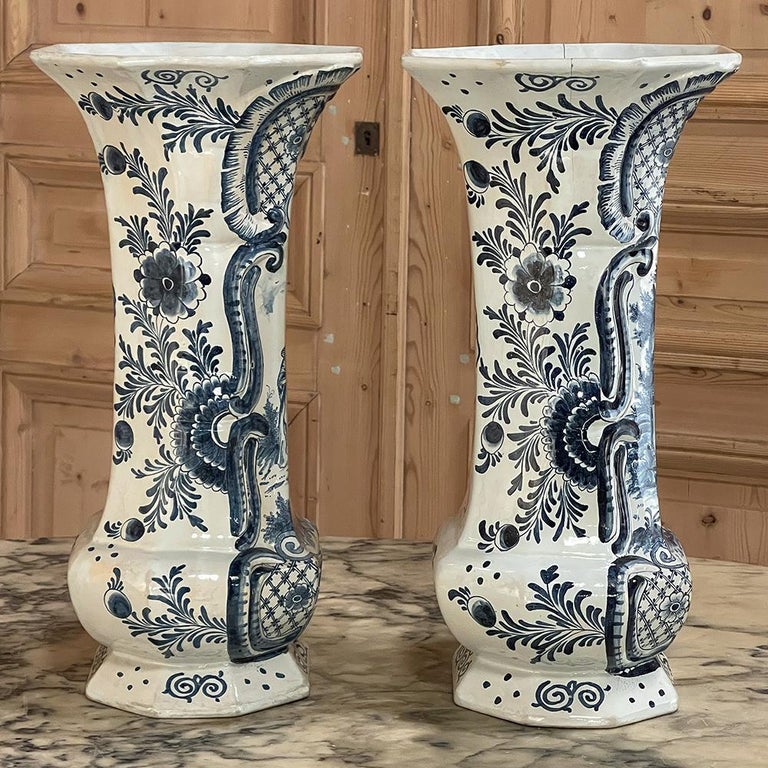 Hand-Painted Pair 18th Century Delft Blue & White Vases For Sale