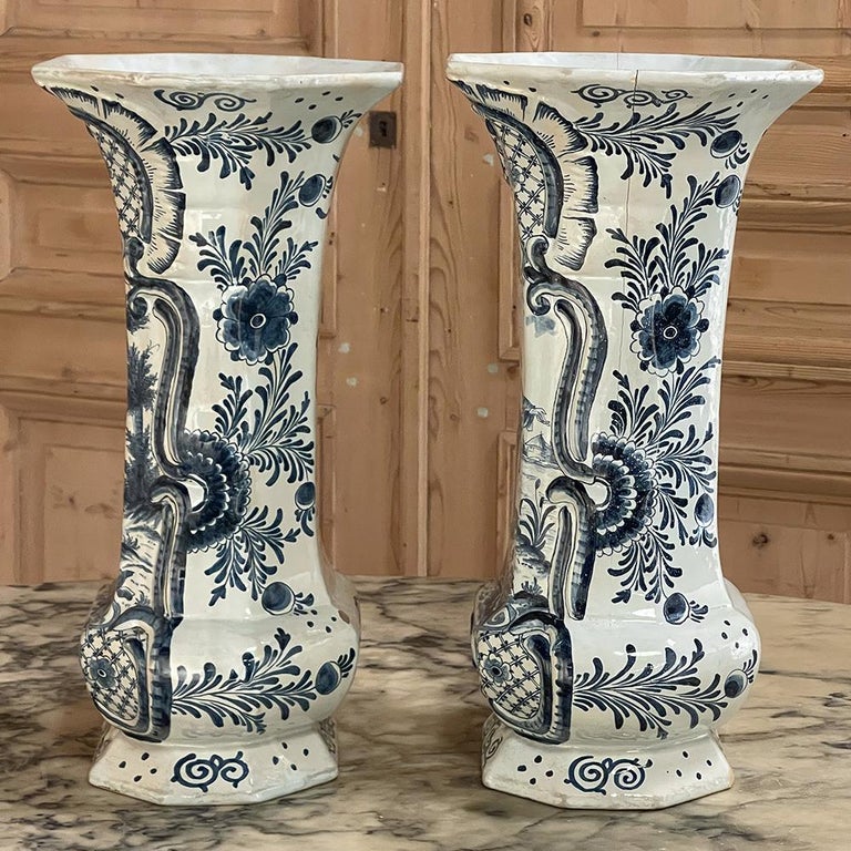 Ceramic Pair 18th Century Delft Blue & White Vases For Sale
