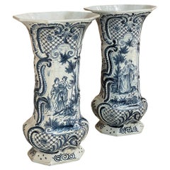 Pair 18th Century Delft Blue & White Vases