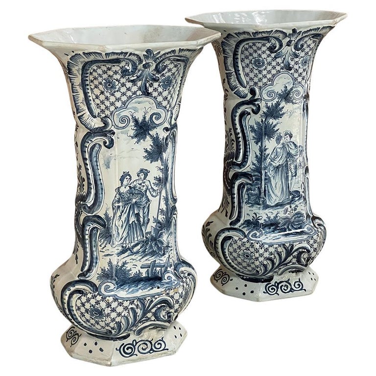 Pair 18th Century Delft Blue & White Vases For Sale