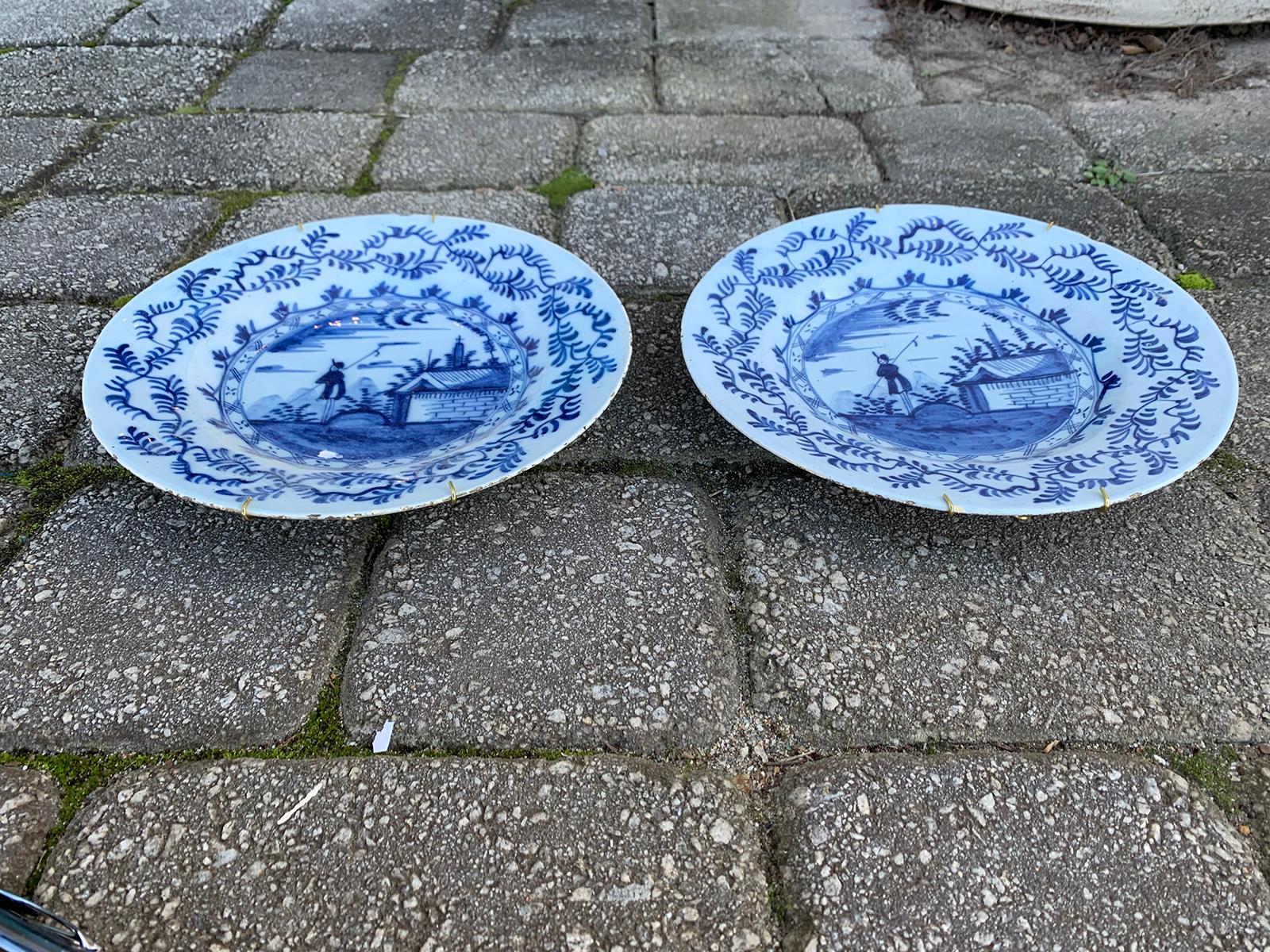 Pair of 18th Century Delft Style Blue & White Plates with Fisherman 5