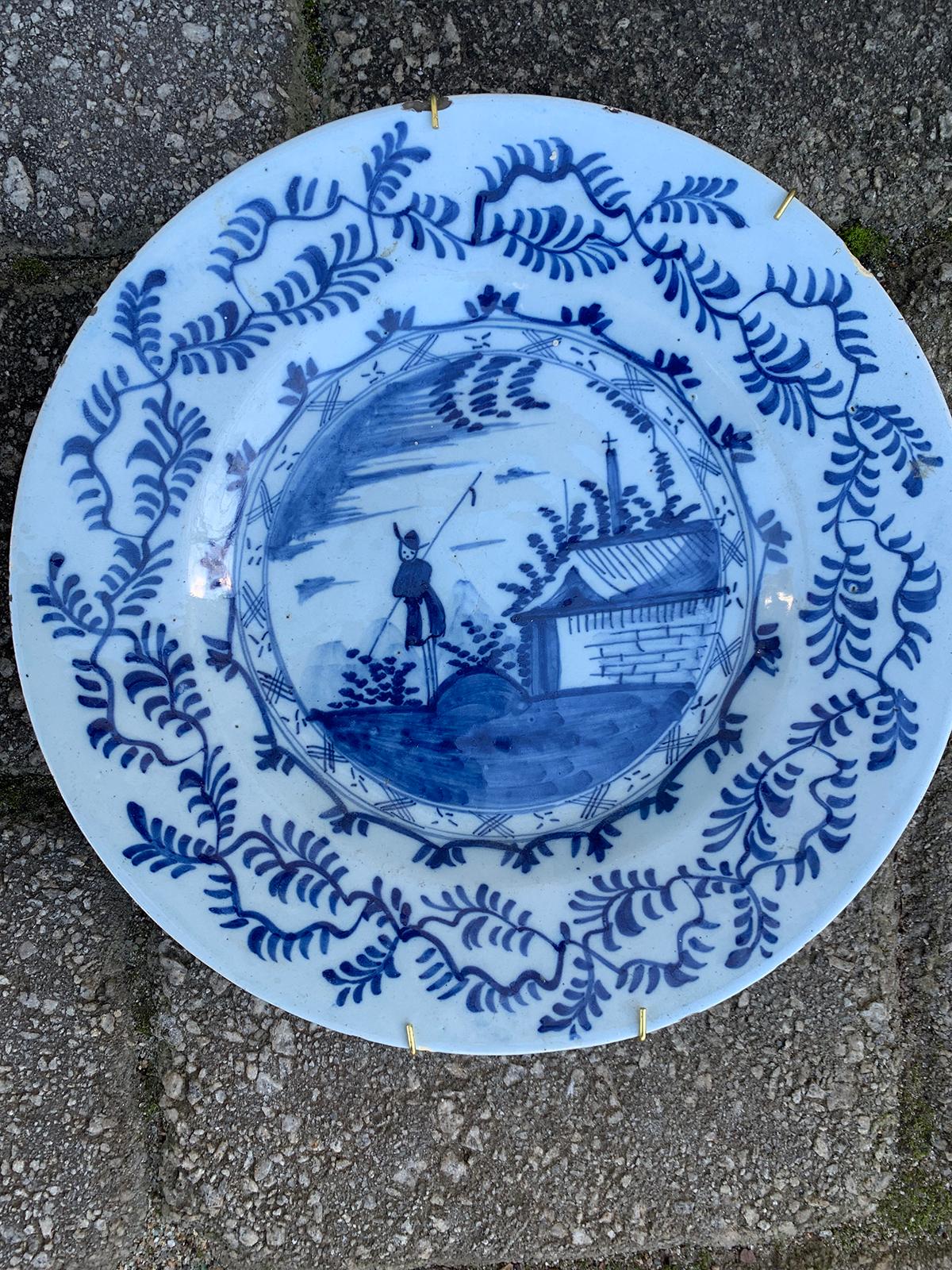 European Pair of 18th Century Delft Style Blue & White Plates with Fisherman