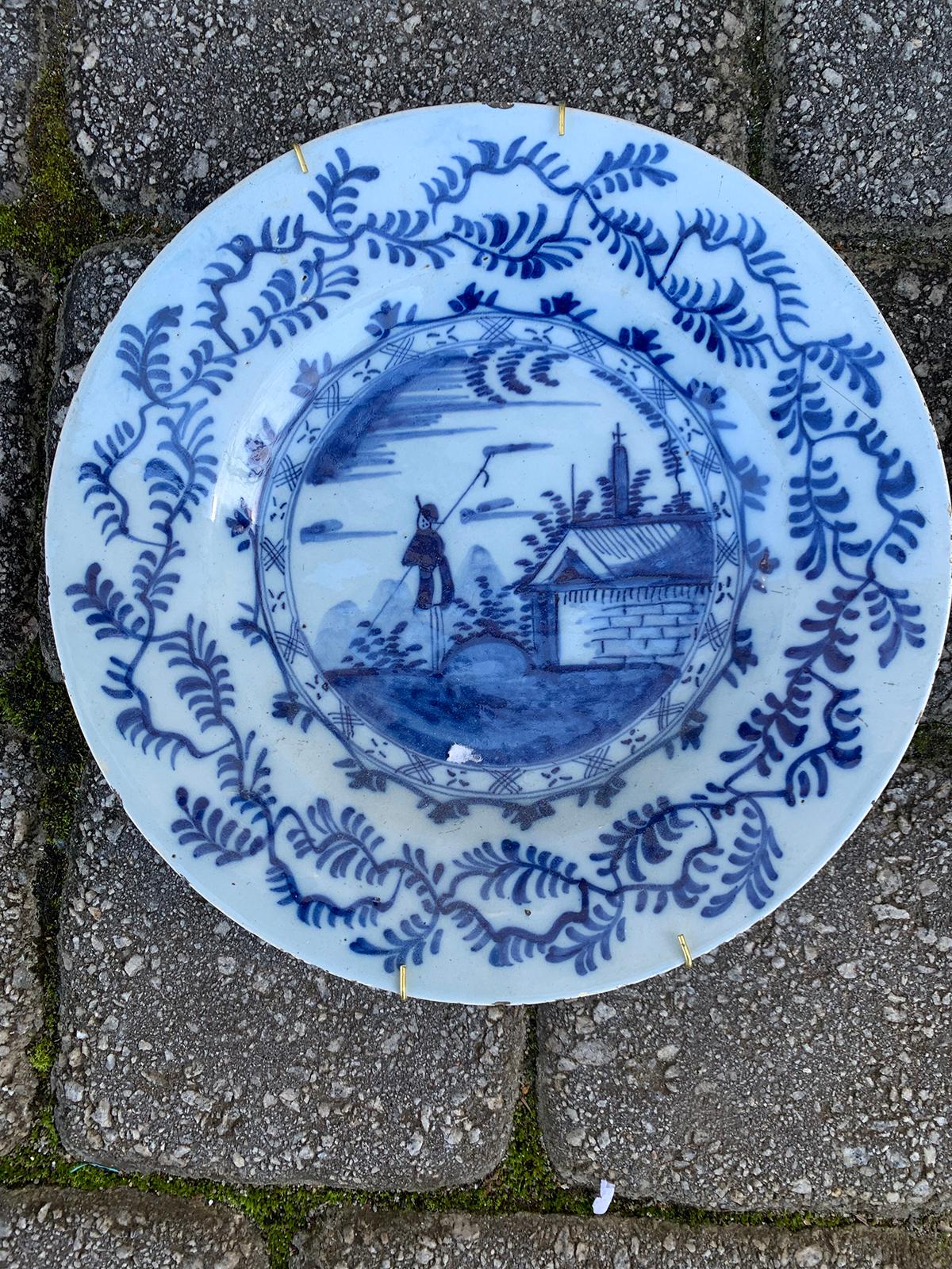 Pair of 18th Century Delft Style Blue & White Plates with Fisherman In Good Condition In Atlanta, GA