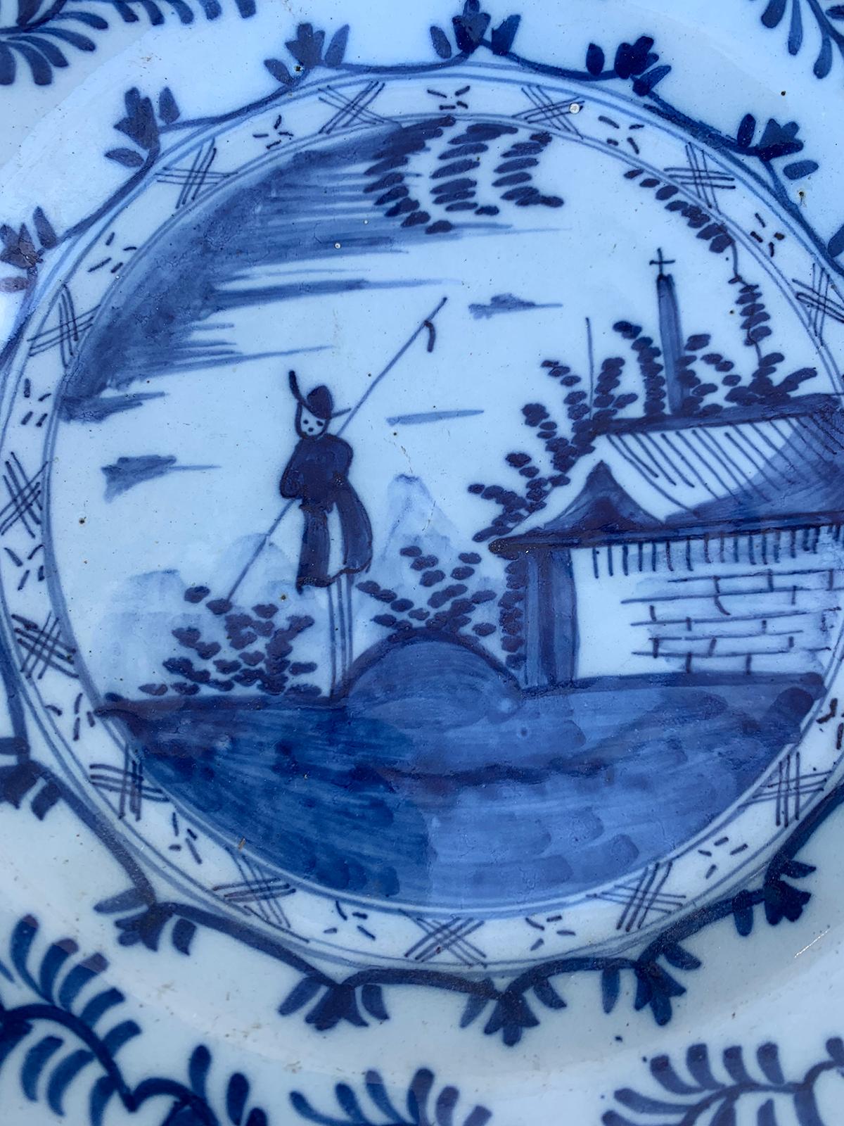 18th Century and Earlier Pair of 18th Century Delft Style Blue & White Plates with Fisherman