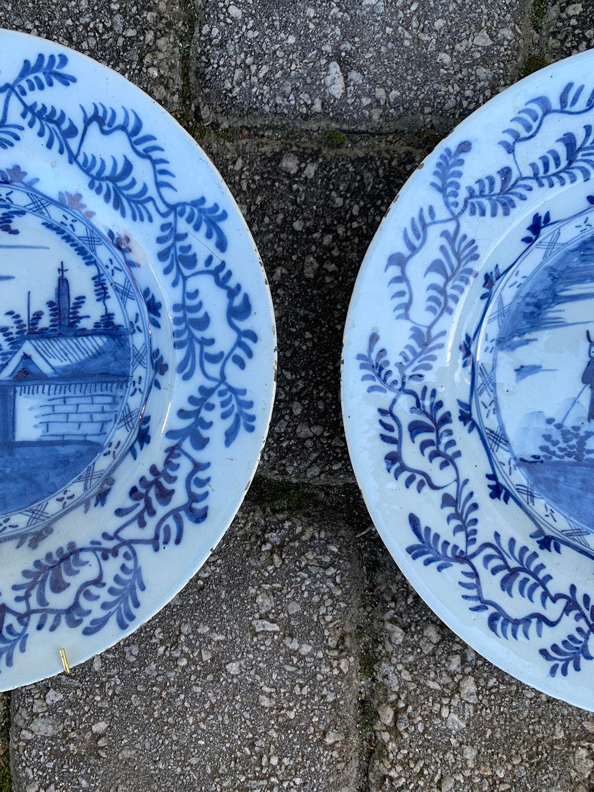 Pair of 18th Century Delft Style Blue & White Plates with Fisherman 2