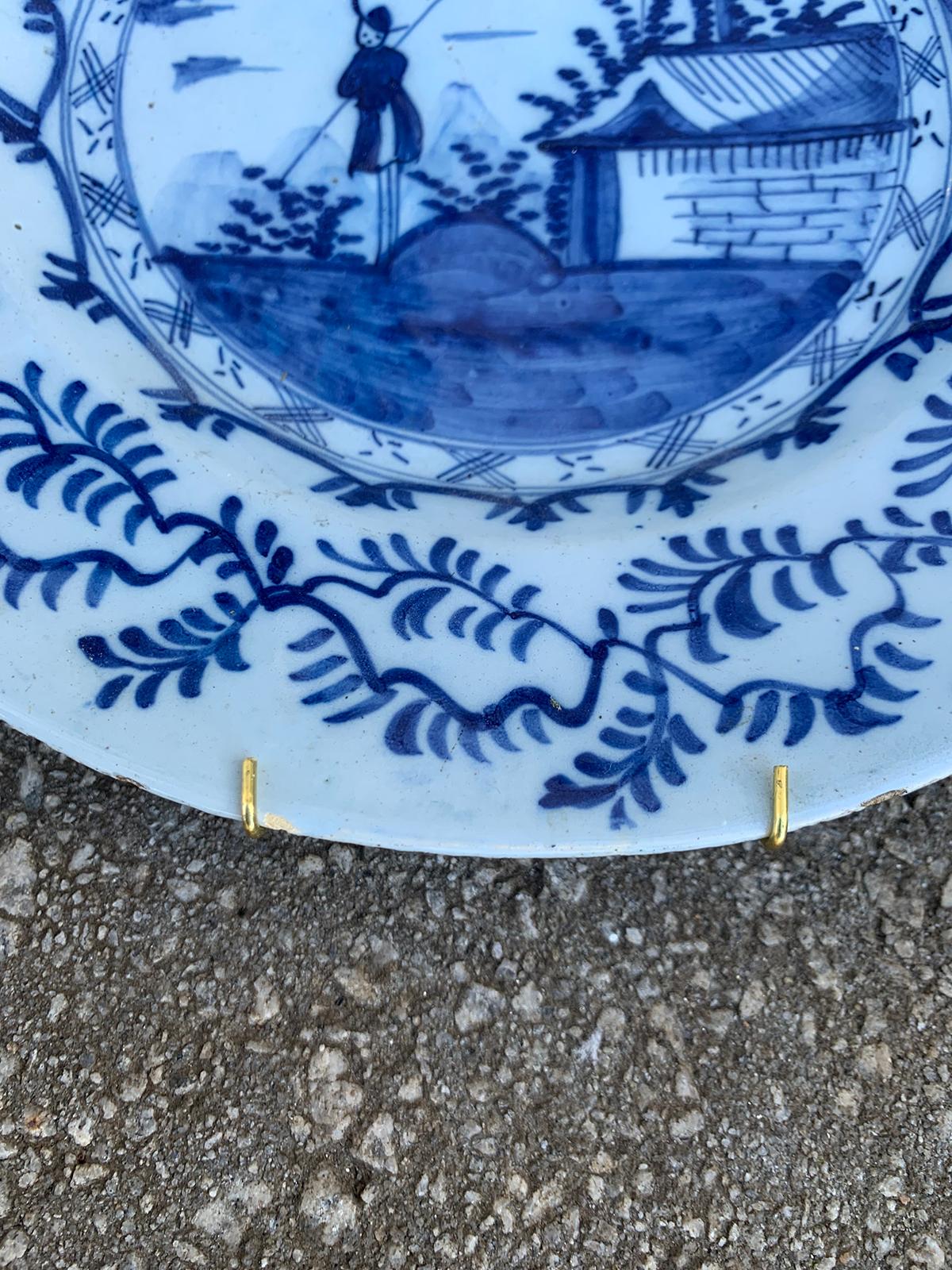 Pair of 18th Century Delft Style Blue & White Plates with Fisherman 3