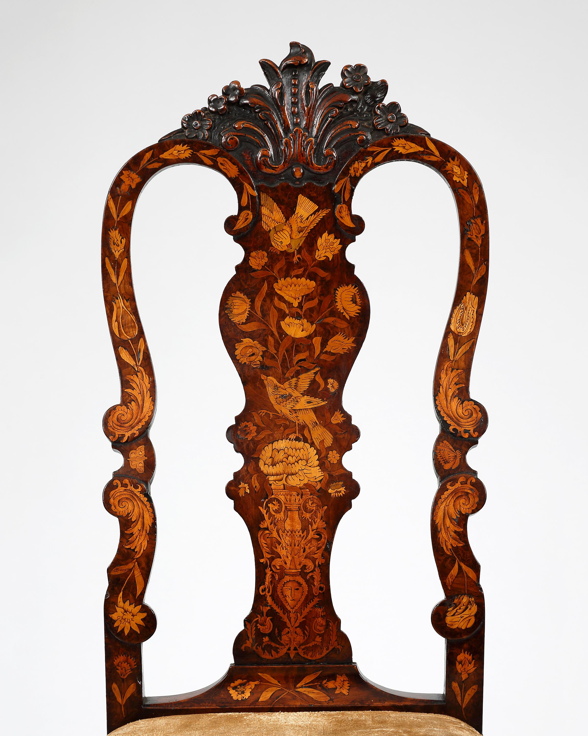 Pair of 18th Century Dutch Marquetry Chairs For Sale 3