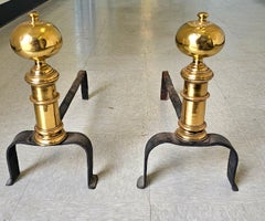 Pair 18th Century Early American Brass and Iron Canon Ball Andirons