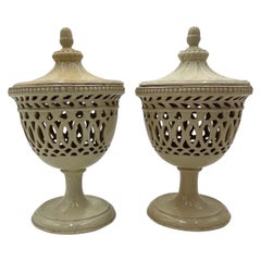 Pair, 18th Century English Creamware Pierced & Covered Potpourri Urns