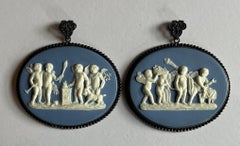 Pair 18th Century English George III Wedgwood Oval Wall Plaques in Silver Frames