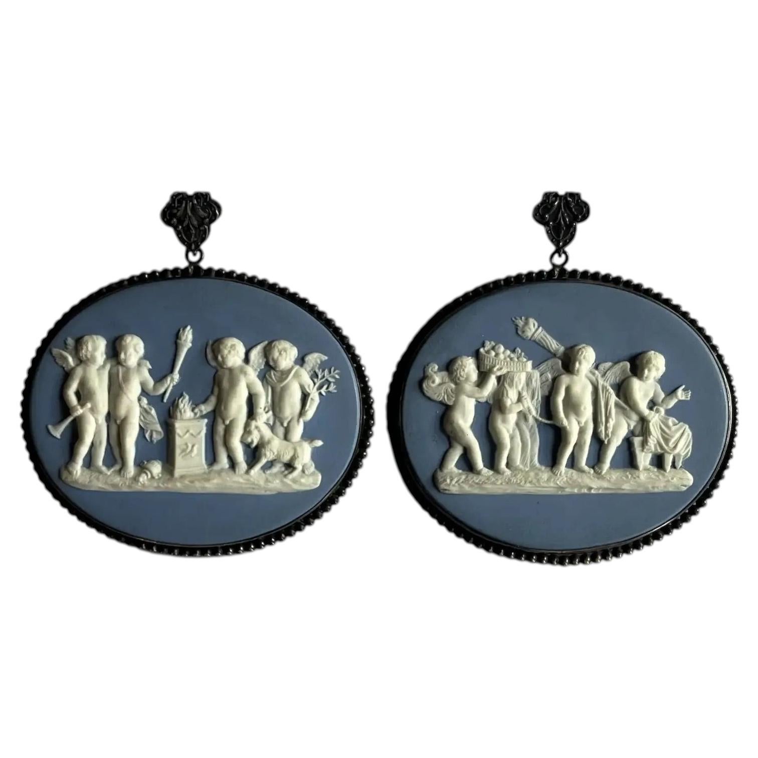 Pair 18th Century English George III Wedgwood Oval Wall Plaques in Silver Frames