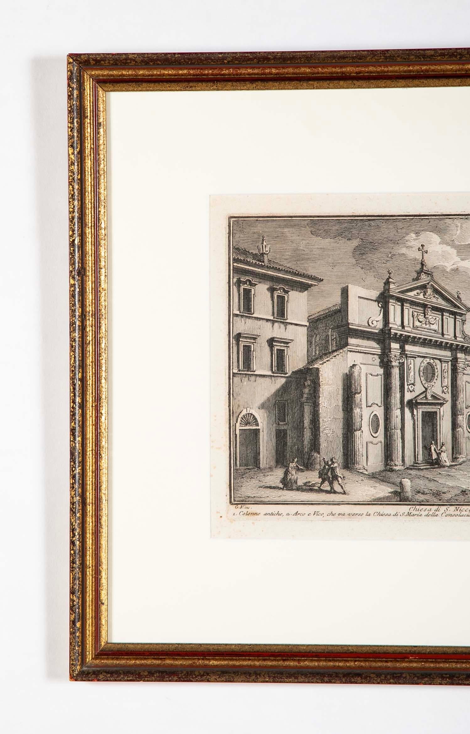 Italiano Coppia 18° secolo  Acqueforti italiane incorniciate di chiese di Roma di Guiseppe Vasi in vendita