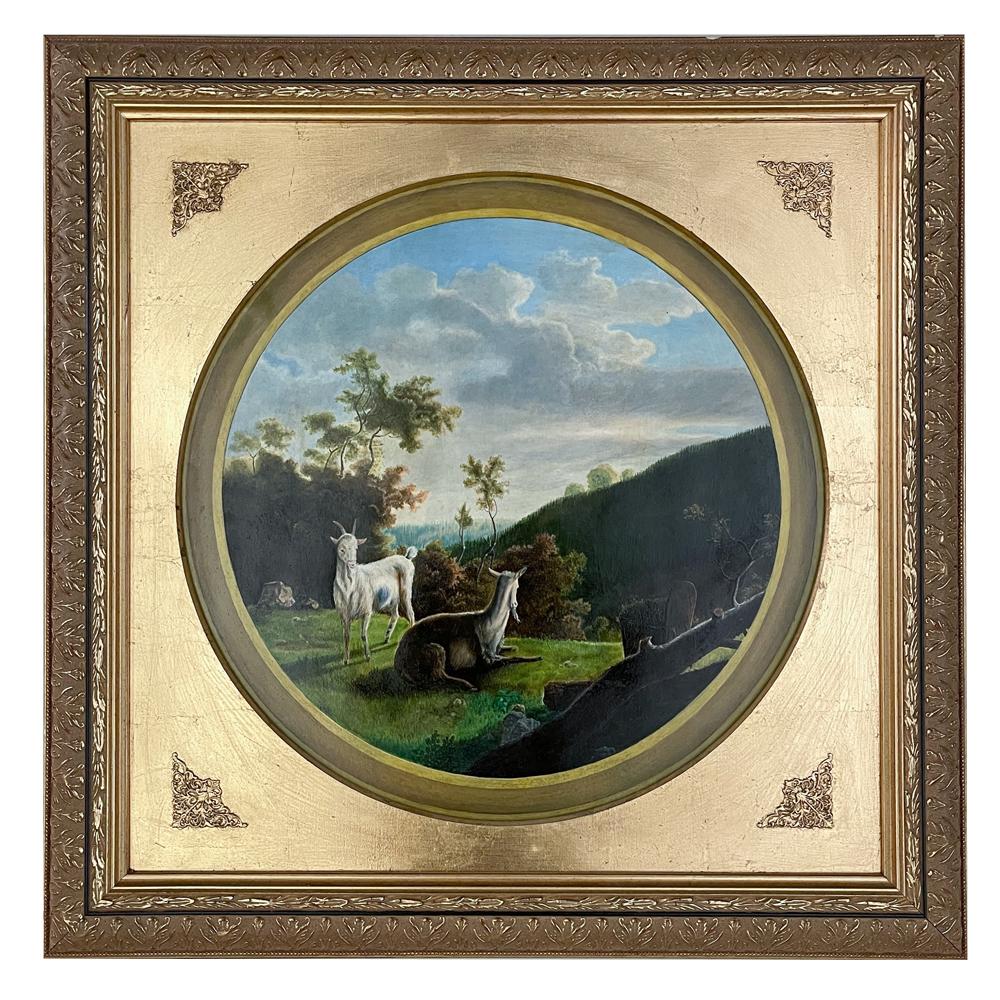 Pair 18th century framed oil paintings by P. J. Boquet (1751-1817) represents two of the four seasons framed in the round. Reframed in the early 20th century, each work shows how Boquet has captured the essence of winter and the promise of a