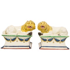 Pair 18th Century French Creamware Lions Hand Painted Circa 1790