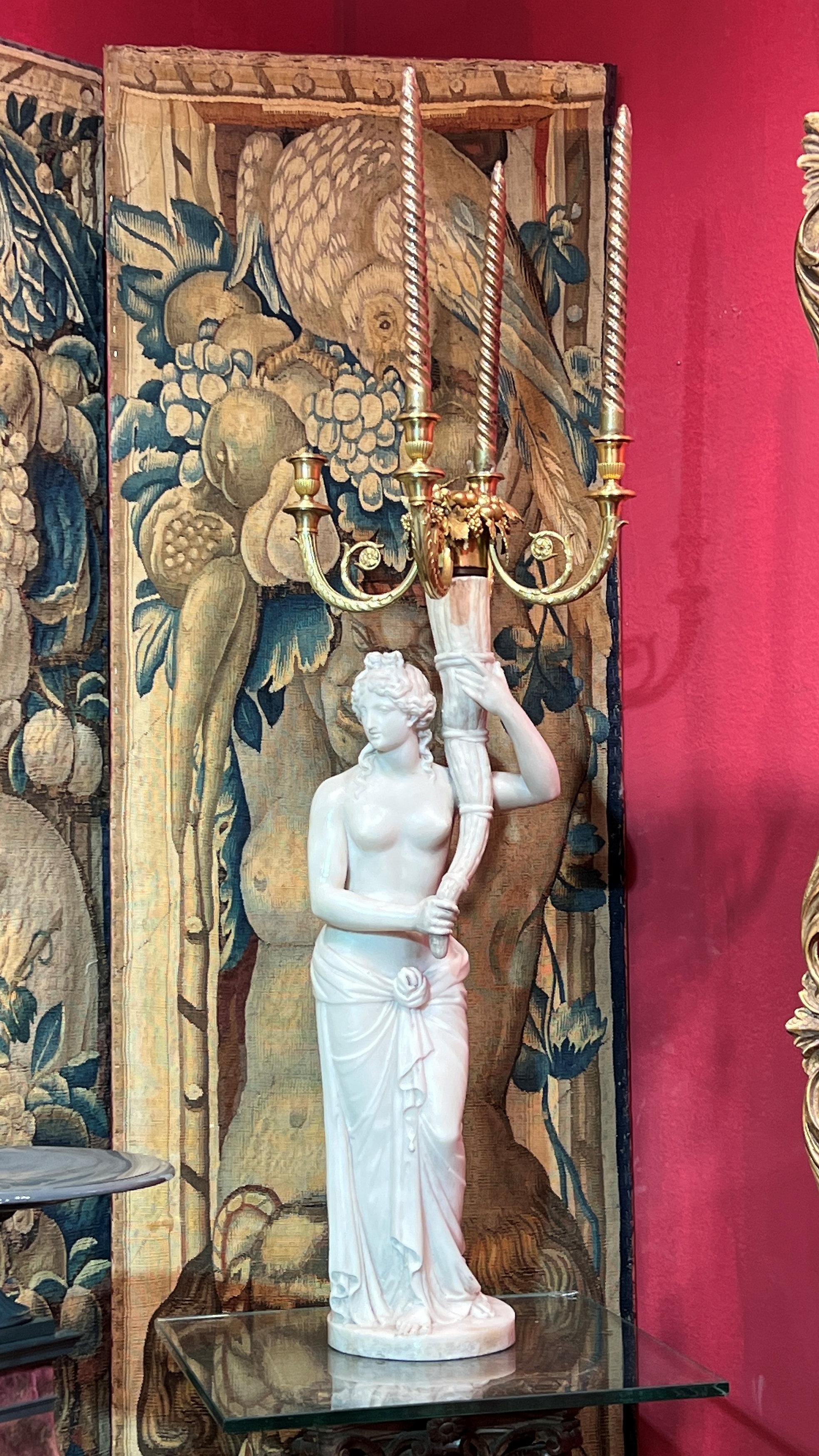 Neoclassical Pair 18th Century French Gilt Bronze and Marble Figural Candelabra For Sale