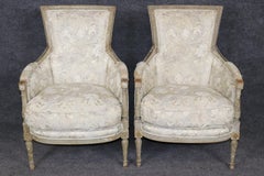Pair 18th Century French louis XVI Distressed Painted Bergères