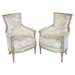 Pair 18th Century French louis XVI Distressed Painted Bergères