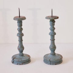 Pair 18th Century French Painted Wooden Candlesticks