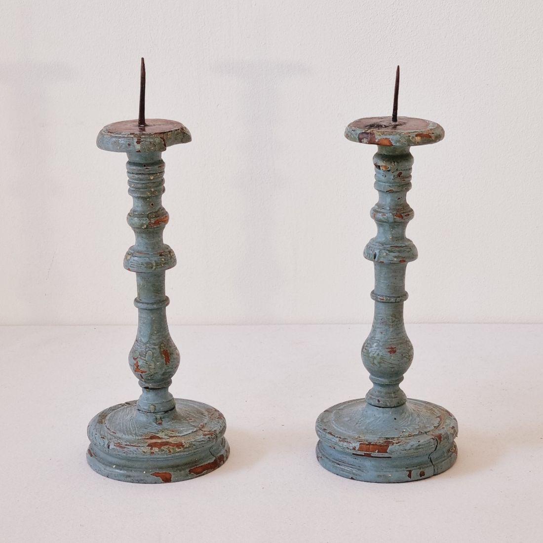 French Provincial Pair 18th Century French Painted Wooden Candlesticks
