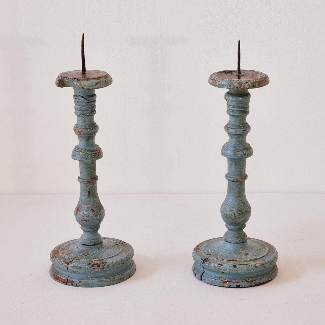 Hand-Painted Pair 18th Century French Painted Wooden Candlesticks