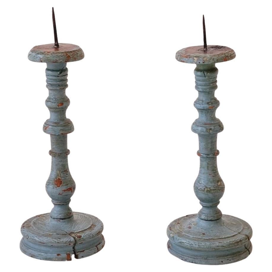 Pair 18th Century French Painted Wooden Candlesticks