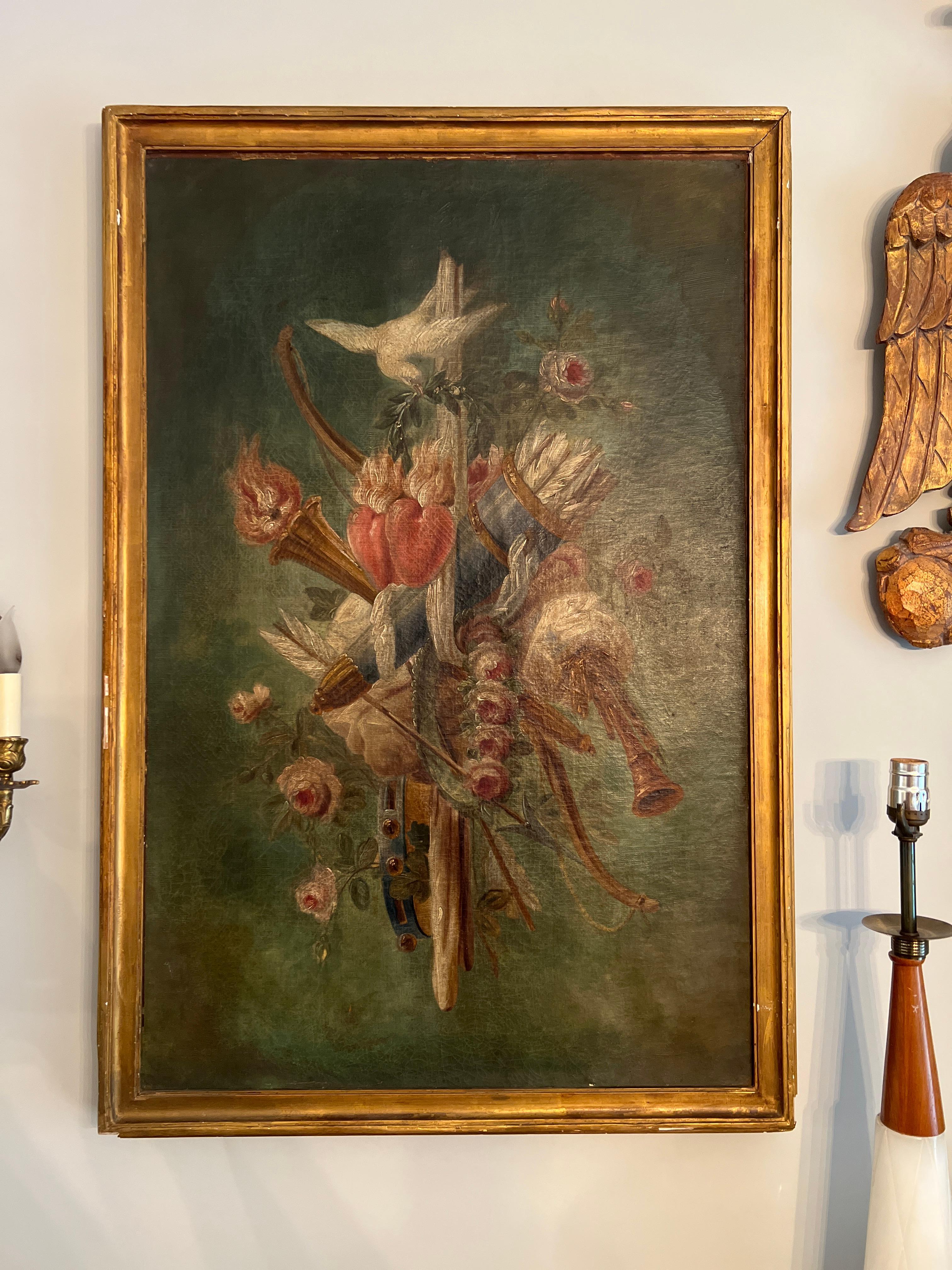 French School, circa 1780.

A phenomenal pair of 18th century French School Nautra Morta paintings on canvas. Each master work depicts a rich tapestry of romantic imagery including doves, a quiver, roses, torches, musical instruments and more.