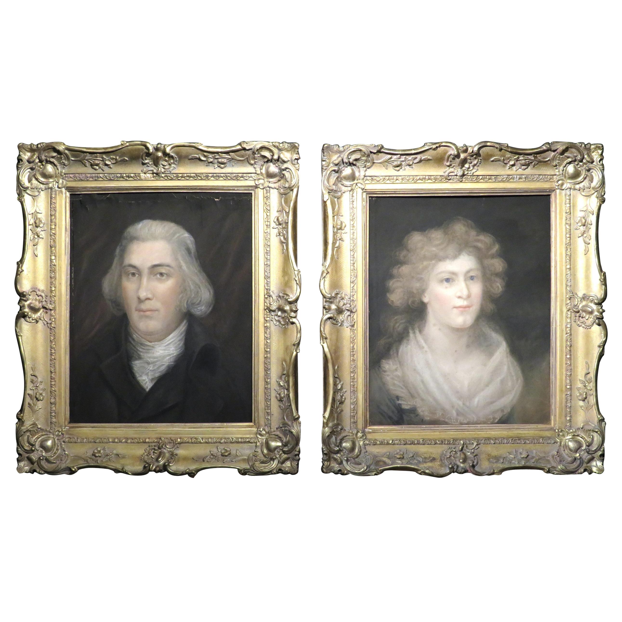 Pair 18th Century Irish Georgian Portraits in Original Giltwood Frames 