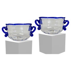 Pair of Georgian Wrythen Glass Bowls with Appliqué Blue Rim & Handles