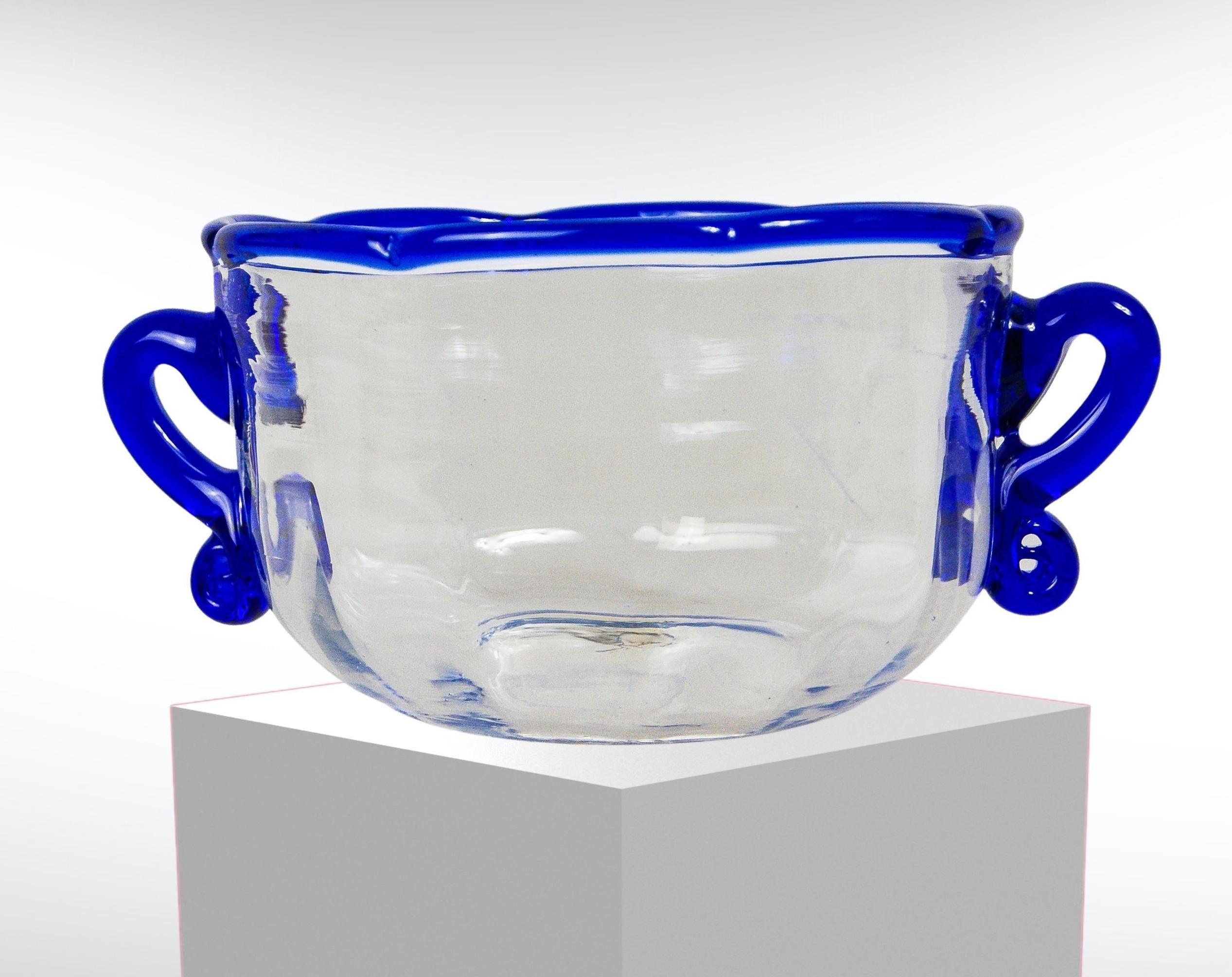 English Pair of Georgian Wrythen Glass Bowls with Appliqué Blue Rim & Handles For Sale