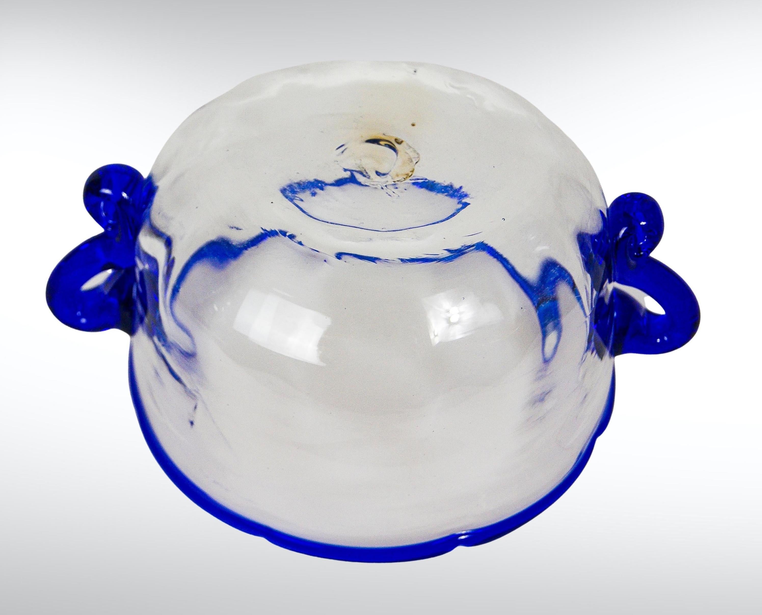 English Pair of Georgian Wrythen Glass Bowls with Appliqué Blue Rim & Handles