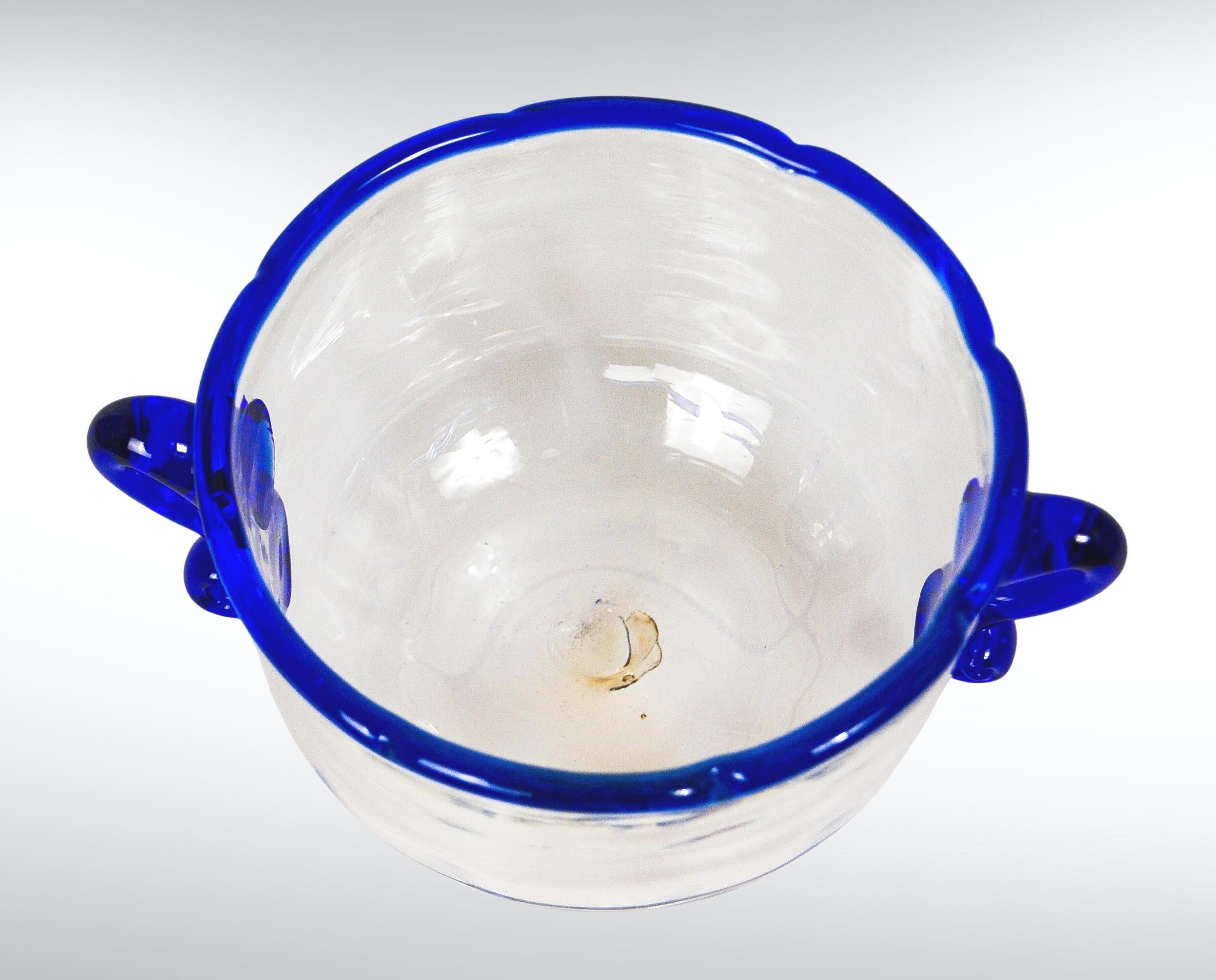 18th Century Pair of Georgian Wrythen Glass Bowls with Appliqué Blue Rim & Handles For Sale