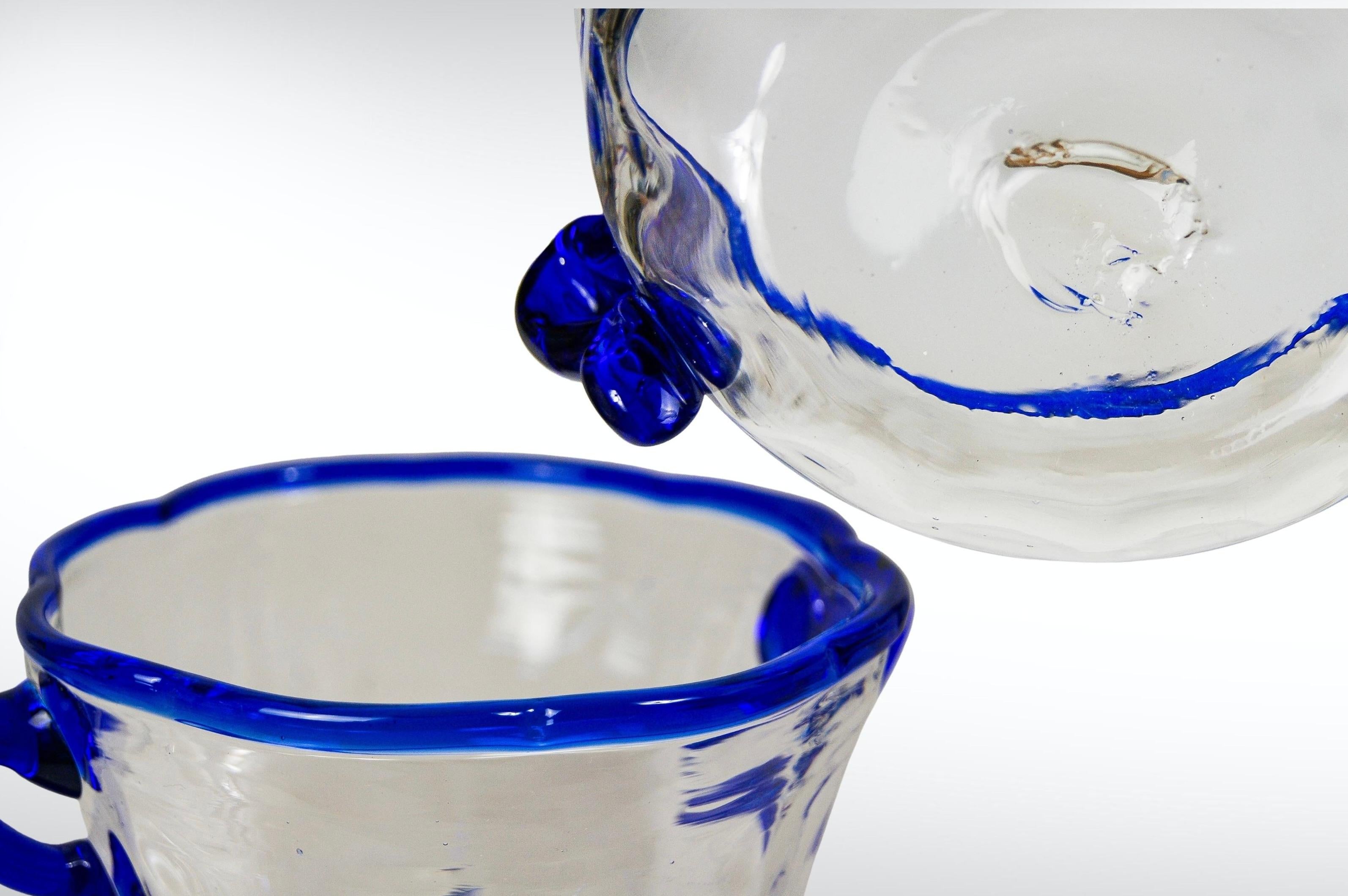 Pair of Georgian Wrythen Glass Bowls with Appliqué Blue Rim & Handles For Sale 1