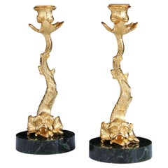 Pair 18th Century Gilt Bronze Stylised Dolphin Candlesticks On Nephrite Jade