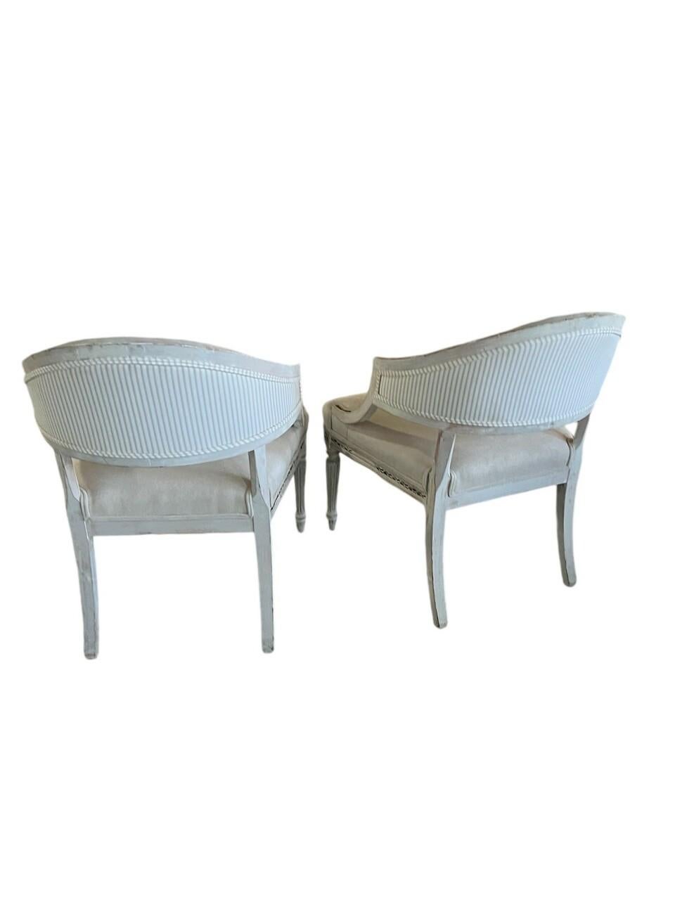 Pair 18th Century Gustavian Barrel Back Chairs with hand carved black detailing and new upholstery